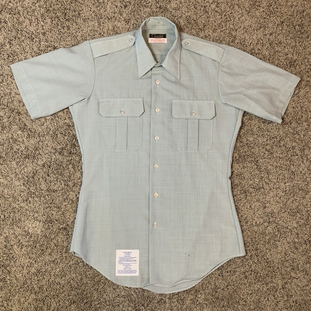 Vintage 60s/70s Citadel Shirt Mens 15 Green Button Up Uniform Pockets USA